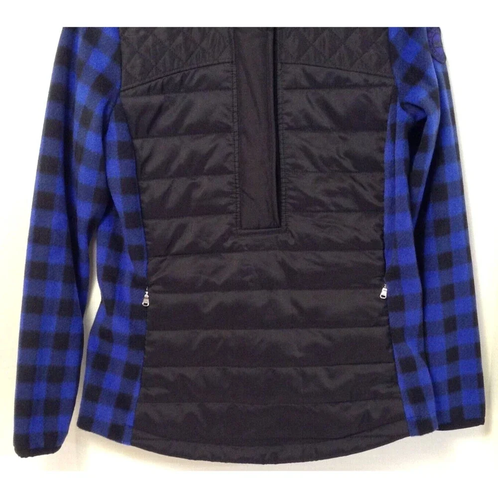 L-RL Lauren Active Jacket Wm PS Blue Black Check 1/2 Zip Quilted Fleece Outdoors